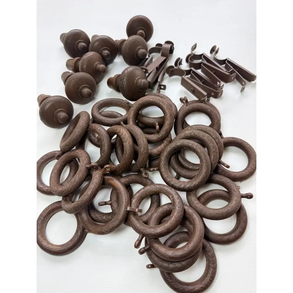 Vintage Style Faux Wood Curtain Set - Rings, Wall Brackets & Finials